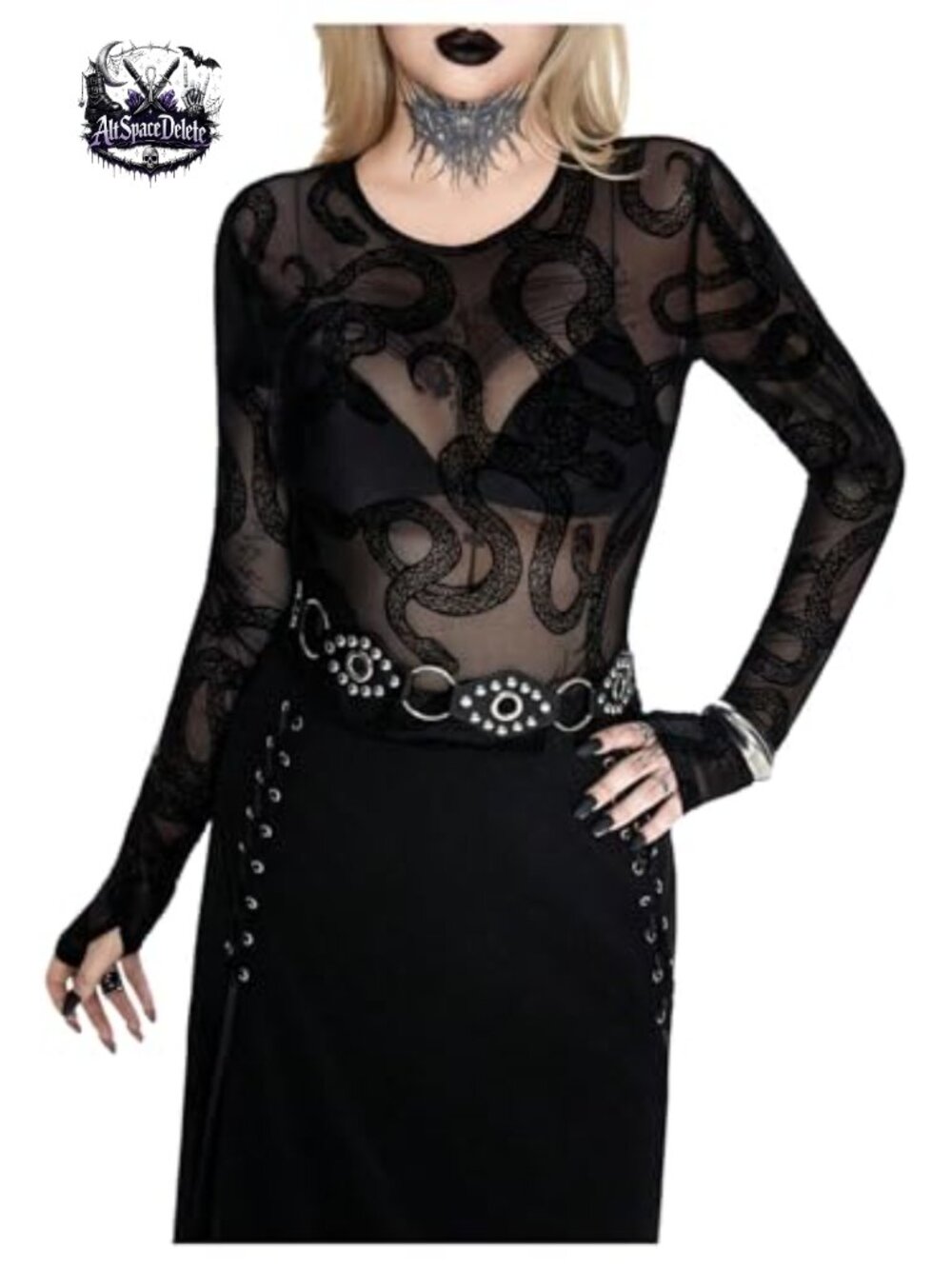 Gothic Snake Graphic Sheer Mesh Long Sleeve Tee Fitted Crew Neck Club Top